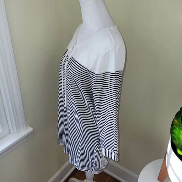 Chico’s Nautical Mariner Striped Top Blue & White Lace Neck Tee Women's Size L - Picture 3 of 13